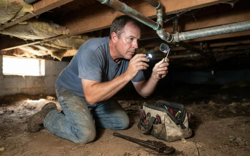 A home inspector examining exposed galvanized pipe fittings in the crawlspace of an older home during a pre-purchase inspection
