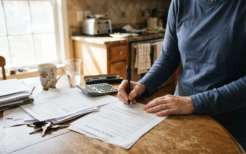 A homeowner reviewing plumbing repair financing paperwork and payment plan terms with a calculator on the table