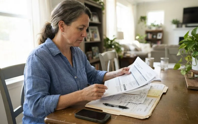 A homeowner reviewing a homeowners insurance policy document alongside water damage estimate paperwork at a kitchen table