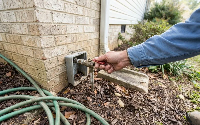 A homeowner turning off a main water shutoff valve located near a crawlspace access point in a residential utility area