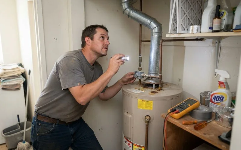 A technician checking the vent pipe and gas connection fittings on a residential gas water heater with a flashlight